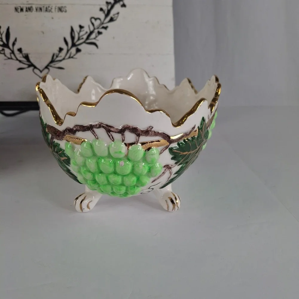 Vintage 1960 Signed SLF Ceramic Footed Bowl Green Grapes Gold Gilt Scalloped Rim